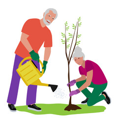 Older man and woman working in the garden