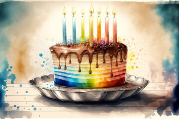 Watercolor illustration of cake birthday decorations