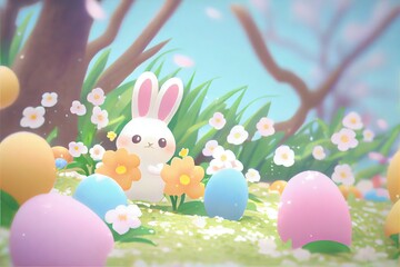 Obraz premium Easter Bunny - generative AI image of the Easter Bunny with pastel colors to commemorate the Catholic Easter Sunday holiday. Fluffy seasonal bunny with bright colors