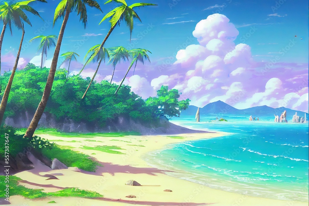 Poster Tropical Beach - a nondescript deserted beach in an exotic location in the tropics. Idyllic island setting with clear waters, sand, and flora made by generative AI