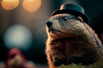 Happy Groundhog Day. Groundhog Emerging  . Generative AI - obrazy, fototapety, plakaty