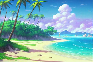 Obraz na płótnie Canvas Tropical Beach - a nondescript deserted beach in an exotic location in the tropics. Idyllic island setting with clear waters, sand, and flora made by generative AI