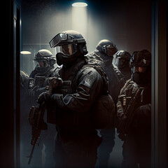 Naklejka premium Non city-specific SWAT team in full riot gear preparing, Fast response unit in full gear, generative ai