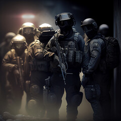 Non city-specific SWAT team in full riot gear preparing, Fast response unit in full gear, generative ai