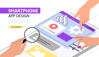 Phone mobile app development, application building Isometric Concept. Use for web page, banner, infographics. Flat illustration editable line.