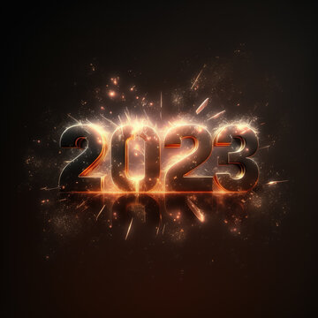 Happy New Year 2023. Burning sparkling text 2023 isolated on black background. Beautiful Glowing design element for greeting card and holiday flyer, Generative AI illustration