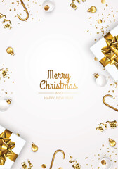 Fototapeta na wymiar Merry Christmas and Happy New Year. Xmas Festive background with realistic 3d objects, gift box, gold and white balls.