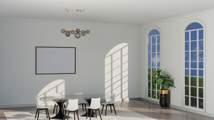 Large Picture Canvas Mockup with black frame in the bright interior with table and chairs french window, 3D rendering