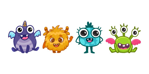 Set of cute cartoon monsters.Funny characters on white background.Icon monster.Alien.Vector