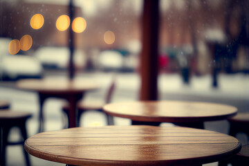 Fototapeta na wymiar Wooden table against the background of a winter cafe on the street. City cafe empty wooden table for product and merchandise display. Generative AI image illustration.