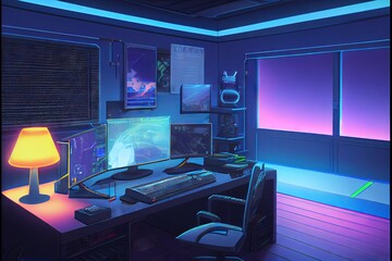 Modern Video Game Streamer Room - colorful blue and pink neon-colored room with gadgets and gaming PC for gamers and streamers to play and compete online from their room