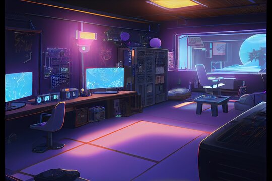 Modern Video Game Streamer Room - colorful blue and pink neon