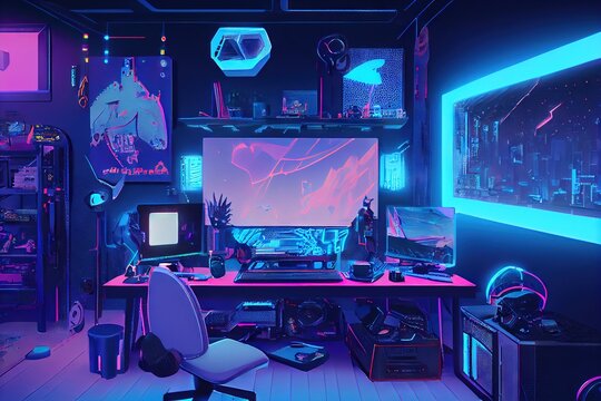 Modern Video Game Streamer Room - colorful blue and pink neon-colored room with gadgets and gaming PC for gamers and streamers to play and compete online from their room