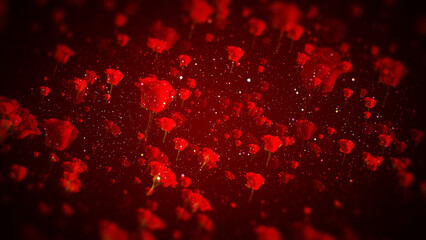 Abstract Romantic Sweet Red Shiny Vignette Blurry Focus Rose Flower Particles Flying With Glitter Sparkle Dust Background