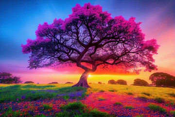 Tree of Life - digital art made by generative AI depicting the tree of life growing in the wild. Glowing and magical, this tree has the spirit of Gaia and provides planetary energy - obrazy, fototapety, plakaty