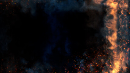 Side content frame of blue smoke with fire - abstract 3D rendering