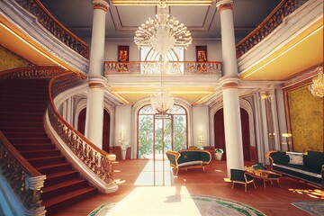 Mansion Interior - An elegant and luxurious mansion interior created by generative AI. Affluence and wealth are on display in this extravagant home interior filled with opulence and exorbitance. - obrazy, fototapety, plakaty
