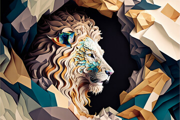 ポリゴンとイラストが融合したライオンの絵 Generative AI