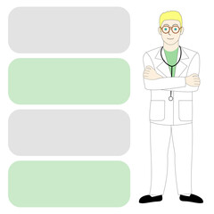 A caucasian male doctor crossing arms, white background with speech balloon
