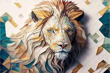 ポリゴンとイラストが融合したライオンの絵 Generative AI