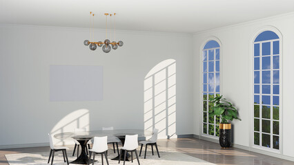Large Picture Canvas Mockup with no frame in the bright interior with table and chairs French window, 3D rendering