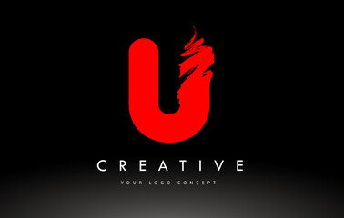 U Brushed Letter Logo. Red  Brush Letters design with Brush stroke design.