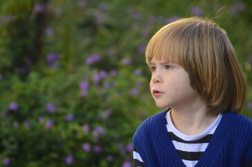 Portrait of a positive little boy. Face close-up. The child smiles sincerely. Space for text on a...