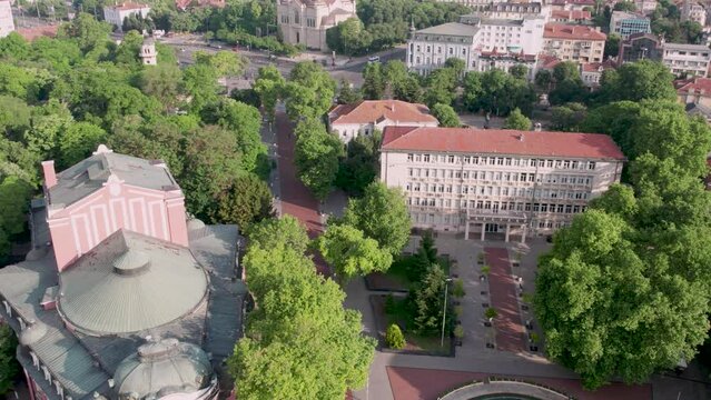 Aerial view of the Independence square and Cathedral of the Assumption in Varna center, Bulgaria. Varna is the sea capitol of Bulgaria
