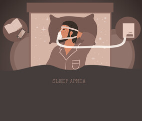 Man in mask sleeping with Cpap machine, concept of healthy sleeping.(CPAP) therapy treatment obstructive sleep apnea. Sleeping problems and disorders collections. Cartoon flat 