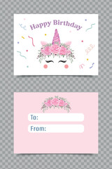 Fototapeta na wymiar Vector colorful cute small happy birthday greeting card with empty space for to from names text and cute colorful unicorn. Tag for a gift box with text happy birthday. Printable template