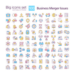 Company merger RGB color icons set. Financial transactions. Acquisition strategies. Isolated vector illustrations. Simple filled line drawings collection. Editable stroke. Quicksand-Light font used