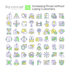 Increasing prices without losing customers RGB color icons set. Business strategy. Isolated vector illustrations. Simple filled line drawings collection. Editable stroke. Quicksand-Light font used