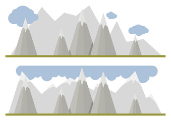 Set of 2 types of stripes of gray geometric simple mountains with blue clouds