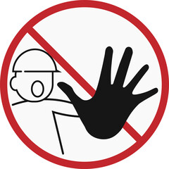 outline vector illustration of red round crossed out man gesture denied or stop raising hand prohibited, stop, denied, do not enter sign, prohibition, attention, warning in white background