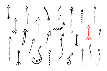 Arrows up set. Hand drawn direction indicator elements. Simple doodle pointers for interface design, cursors upwards.Isolated.Vector illustration