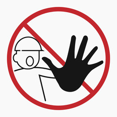 outline vector illustration of red round crossed out man gesture denied or stop raising hand prohibited, stop, denied, do not enter sign, prohibition, attention, warning template design
