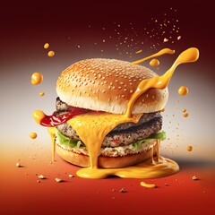 burger with splashing souce, colorful, hamburger, space for text, wallpaper, advertising, generative ai