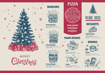 Fototapeta premium Christmas menu, template, Hand drawn illustration. 
