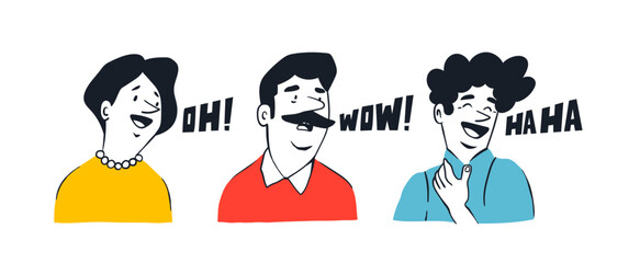 Smiling, affected, amazed and touched people. Facial expression, human emotion concept. Cartoon comic style. Cute funny female and male characters. Hand drawn isolated Vector illustrations