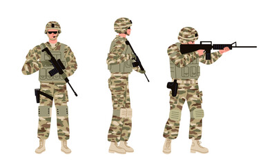 Soldiers set. Military man, wearing sunglasses holding a rifle isolated. Flat vector illustration.