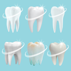 Realistic tooth. 3d teeth whitening. Realistic Healthy tooth with glowing effect.