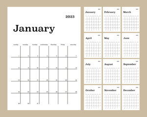 Classic calendar for 2023. Minimalist style. The week starts on Sunday. On a brown background.
