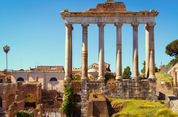 Ancient Temple of Saturn in Roman Forum, Rome, Italy