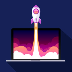Rocket launch in notebook. Graphic illustration in flat style. Startup project, business metaphor. Vector design object  