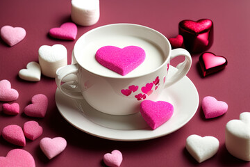 Fototapeta na wymiar photography of a Banner. Mug with sweets and marshmallows on, love, heart, valentine, - AI Generated
