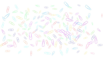 Paper clips are scattered on a white background. Decorative element. Background for design, school and office supplies