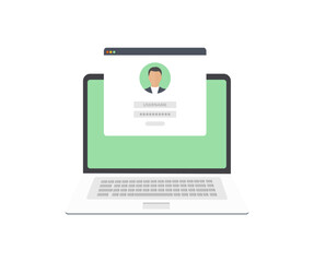 Sign in page on laptop screen logo design. Desktop computer with login form and sign in button. Secure login and sign up concept  vector design and illustration.