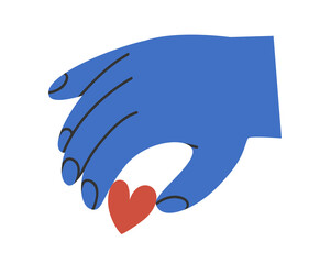 Hand drawn cute illustration of hand with heart. Flat vector giving love and help to charity in simple colored doodle style. Philanthropy, volunteer, Valentine's Day sticker, icon or print. Isolated.