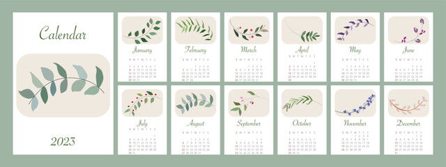 Calendar for 2023. In the style of minimalism. With leaves and on a green background. The week starts on Sunday.