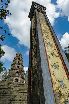 Hue, Vietnam - December 25, 2022: Views of the Thien Mu Pagoda in Hue, Vietnam.